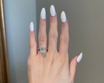 4 Carat Brilliant Elongated Emerald Cut Moissanite Hidden Halo Solitaire Engagement Ring, D VVS1, 10K, 14K, 18K Gold & Platinum