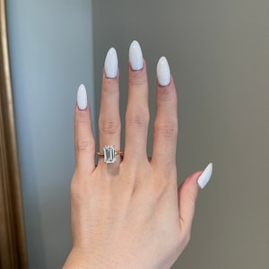 4 Carat Brilliant Elongated Emerald Cut Moissanite Hidden Halo Solitaire Engagement Ring, D VVS1, 10K, 14K, 18K Gold & Platinum