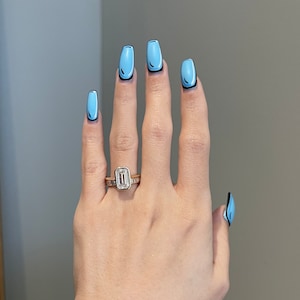 3 Carat Brilliant Emerald Cut Moissanite Bezel Cathedral Solitaire Engagement Ring, 10K, 14K, 18K Gold & Platinum
