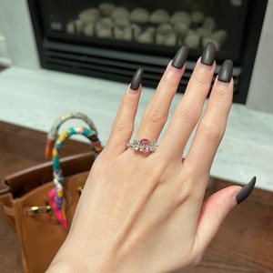 2ct Lab Grown Pink Sapphire Brilliant Cushion 3-Stone w/  Brilliant Elongated Cushion Moissanite Engagement Ring, 10K, 14K, 18K Gold