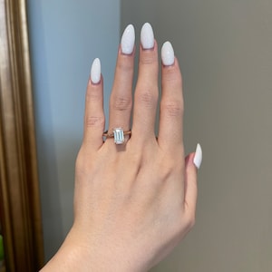 3 Carat Elongated Emerald Cut Moissanite Solitaire Engagement Ring, D VVS1, 10K, 14K, 18K Gold, PT950