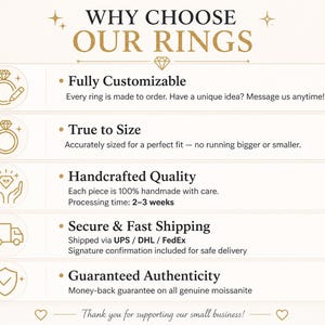 May include: A graphic with the text "WHY CHOOSE OUR RINGS" and bullet points detailing the features of the rings. Features include fully customizable, true to size, handcrafted quality, secure and fast shipping, and guaranteed authenticity.