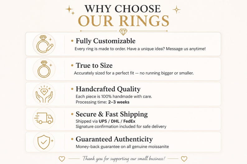 May include: A graphic with the text "WHY CHOOSE OUR RINGS" and bullet points detailing the features of the rings. Features include fully customizable, true to size, handcrafted quality, secure and fast shipping, and guaranteed authenticity.