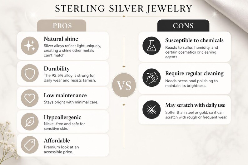 May include: Infographic comparing pros and cons of sterling silver jewelry. Pros include natural shine, durability, low maintenance, hypoallergenic, and affordability. Cons include susceptibility to chemicals, requiring regular cleaning, and potential for scratches.