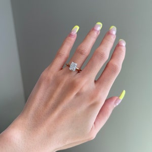 Size US 7.75 | 2 Carat Crushed Ice Radiant Moissanite 4-Prong Hidden Halo w/ 1.5mm Solitaire Engagement Ring, D VVS1, 14K White Gold