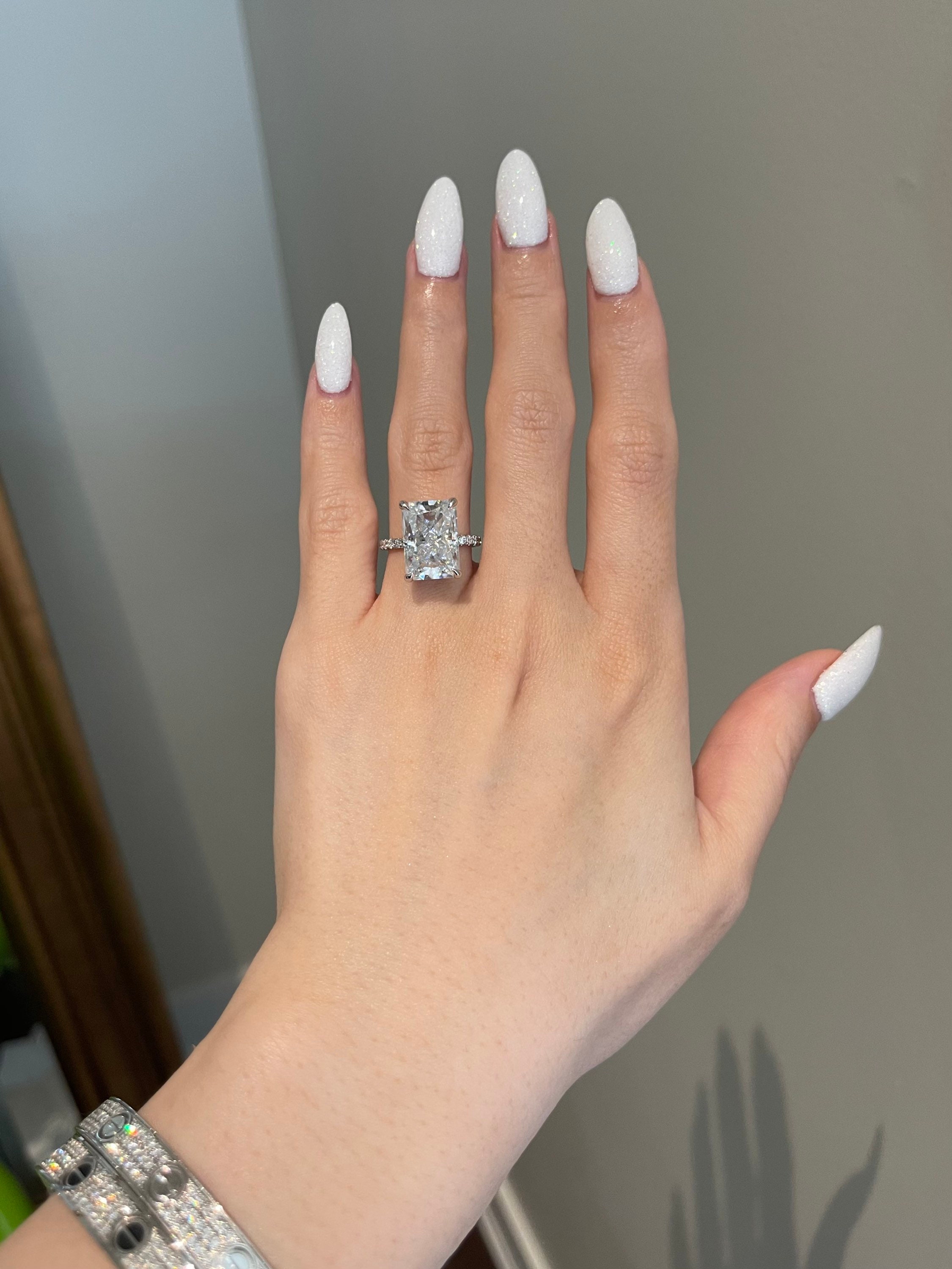7ct Crushed Ice Radiant Moissanite Hidden Halo Pave Engagement Ring, D VVS1, 10K, 14K, 18K Gold & Platinum