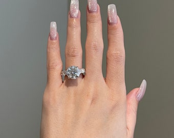 5 Carat Round Brilliant Moissanite 4-Prong Hidden Halo U-Prong Pavé Engagement Ring