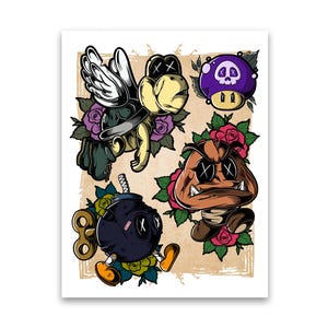 May include: Illustration featuring four cartoon characters with tattoo-style designs. A winged turtle, a purple mushroom with a skull, a brown mushroom with crossed-out eyes, and a wind-up bomb, all surrounded by roses.