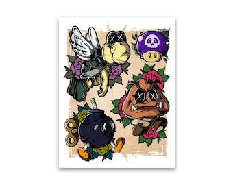 Super Mario 8.5x11" Original Tattoo Flash Art Print
