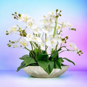 May include: A decorative arrangement of white orchid flowers with yellow centres and green buds on thin stems. The plant features broad, dark green leaves at the base and is contained within a shallow, metallic silver bowl with a textured finish.