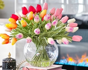 X-Large 60 Multi-Color Tulips Modern Faux Floral Arrangement Real Touch Artificial Faux Forever Flowers in Glass Vase, Faux Flowers in Vase