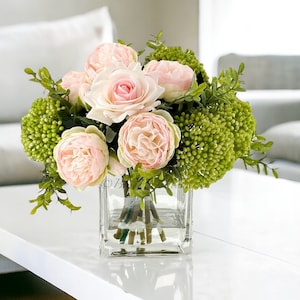 LT Pink Peonies and Green/Pink Real Touch Rose, Berries, Arrangement Artificial Faux Centerpiece, French Floral Flowers in Vase Home Decor