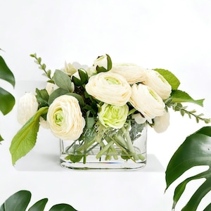 Floral Arrangement, Cream Ranunculus Rose Silk Artificial Flower Centerpiece Faux Silk Arrangement Glass Vase French Flower Decor Blue Paris