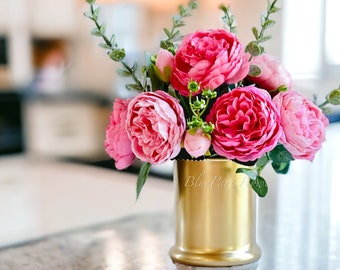 Pink Rose Peony Arrangement Gold Vase, Artificial Faux Table Centerpiece, Faux Florals, Silk Flowers Arrangement with Eucalyptus, Blue Paris