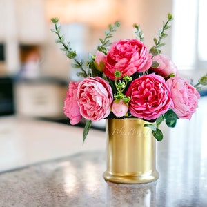 Pink Rose Peony Arrangement Gold Vase, Artificial Faux Table Centerpiece, Faux Florals, Silk Flowers Arrangement with Eucalyptus, Blue Paris