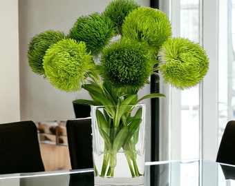 Green Real Touch Dianthus Arrangement, Modern Home/Office Decor, Artificial Faux Flower Centerpiece in Glass Vase for Home Decor Floral Gift