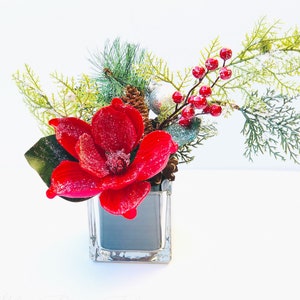 Christmas Holiday Red Magnolia Arrangement-Christmas Artificial Faux Centerpiece-Fake Flower Centerpiece-Christmas Decor