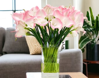 60 Light Pink Real Touch Calla Lillies Arrangement, Artificial Faux Centerpiece, Elegant Faux Floral Flowers in Glass Vase for Home Decor