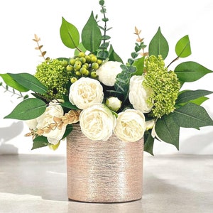Faux Peony Floral Arrangement: Green Berries, Rose Gold Vase