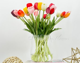 Real Touch Tulip Arrangement: Multicolor Faux Flowers in Glass Vase