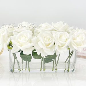 Real Touch White Roses Arrangement in Vase, French Country Artificial Flowers Faux Floral Home Decor Realistic Floral Arrangement Long Vase