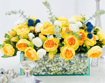 Modern Yellow White  Rose Peony Arrangement, Artificial Faux Centerpiece Silk Flowers Floral Centerpiece French Decor in Glass Vase for Home