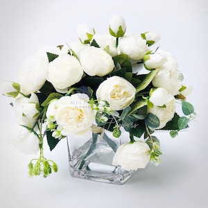 White or Pink Rose Peony Arrangement, Artificial Faux Centerpiece, Silk Flowers in Glass Vase for Home Decor