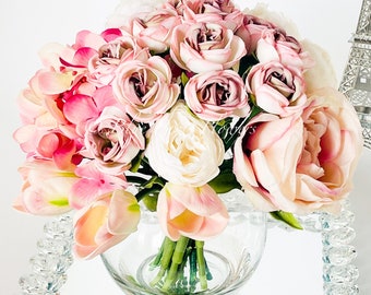 Blush Pink Silk Flower Arrangement: Peonies & Roses Centerpiece