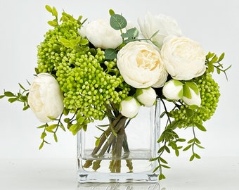 White Peonies and Green/White Real Touch Rose, Berries, Arrangement Artificial Faux Centerpiece, French Floral Flowers in Vase Home Decor