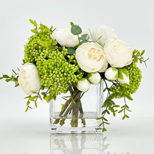 White Peonies and Green/White Real Touch Rose, Berries, Arrangement Artificial Faux Centerpiece, French Floral Flowers in Vase Home Decor image 1