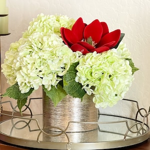 REAL TOUCH Green Hydrangeas, Red Magnolia Arrangement, Artificial Faux Centerpiece, Floral Flowers in Rose Gold Vase Home Decor Blue Paris