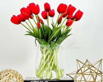 Red Real Touch Tulips in Glass Vase: French Country Faux Floral Arrangement