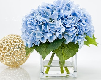 Blue REAL TOUCH Hydrangeas in Vase, Artificial Faux Flower Arrangement, Floral Centerpiece Flower, Faux Flower in Vase, Home Decor