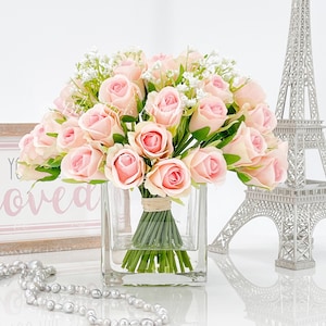 Light Pink 40 Roses Arrangement, Floral Flowers | Silk Artificial Faux Forever Flowers in Glass for Home Decor by Blue Paris Flowers