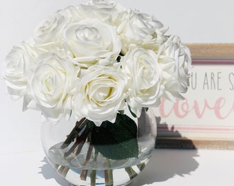 Real Touch White Roses Arrangement in Vase, French Country Artificial Flowers, Faux Floral Home or Wedding Decor
