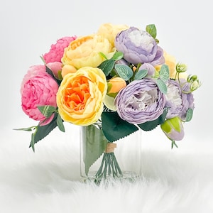 Pink Purple Yellow Rose Peony Arrangement: Faux Floral Centerpiece