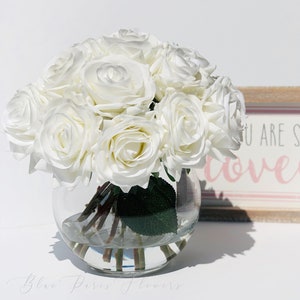 Real Touch White Roses Arrangement in Vase, French Country Artificial Flowers, Faux Floral Home or Wedding Decor