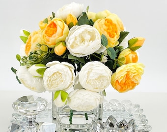 Faux Yellow & White Peony Arrangement: French Floral Centerpiece in Glass Vase