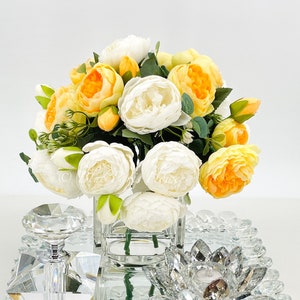 Faux Yellow & White Peony Arrangement: French Floral Centerpiece in Glass Vase