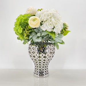 Real Touch Floral Arrangement, Ranunculus, Roses, Hydrangeas Artificial Flower Centerpiece, Faux  Flower Decor Silver Ginger Jar