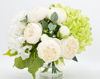 Hortensias verts à fausses fleurs | Pivoines roses blanches | Fleurs artificielles|Décoration d&#39;intérieur|Arrangement dans un vase