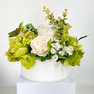 Silk Flower Centerpiece: Green Hydrangeas, Peonies, White Vase