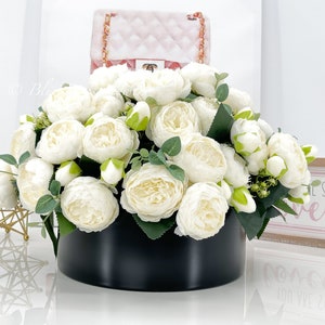 X-Large White Rose Peony Arrangement, Artificial Faux Floral Centerpiece, High-quality Silk Flowers in Glass Vase for Home Decor