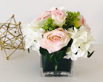 Soft Pink Roses, White Hydrangeas Arrangement, Artificial Faux Centerpiece, Soft Touch Flowers in Glass Vase Home Decor