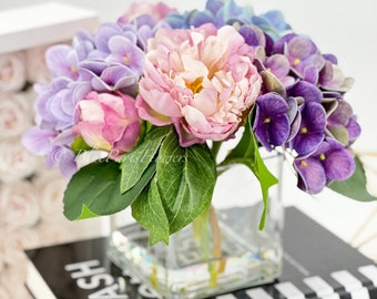 Lavender Purple Blue Peonies and Realistic Touch Hydrangeas Arrangement Artificial Faux Centerpiece, Soft Touch Floral Flowers in Vase Decor