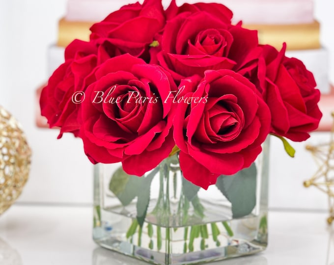 Featured listing image: Red Velvet Roses Arrangement, Artificial Faux Centerpiece, Natural Touch Flowers in Glass Vase Home Decor, Floral Arrangement Blue Paris