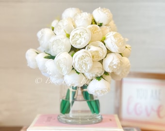 White Faux Peony Arrangement: French Country Centerpiece in Glass Vase