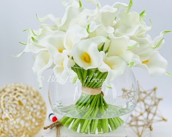 White Real Touch Calla Lillies Arrangement, Artificial Faux Centerpiece, Faux Floral Flowers in Glass Vase for Home Decor