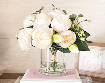 White Rose Peony Arrangement, Artificial Faux Centerpiece, Silk Flowers in Glass Vase for Home Decor Designed by Blue Paris Flowers