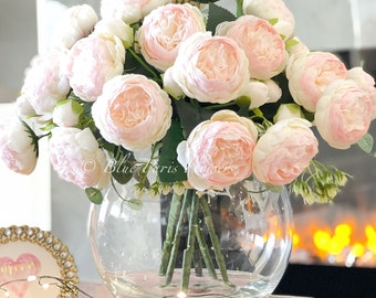 X-Large Light Pink Rose Peony Arrangement, Artificial Faux Centerpiece, Silk Flowers in Glass Vase for Home Decor
